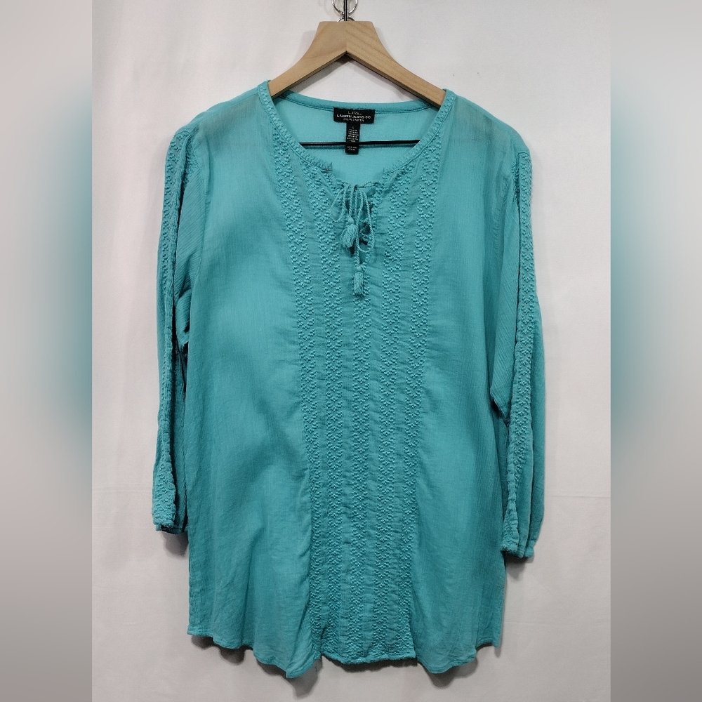 LRL Ralph Lauren Embroidered Crinkle Blouse Womens L Teal Cottagecore Peasant - Picture 1 of 7